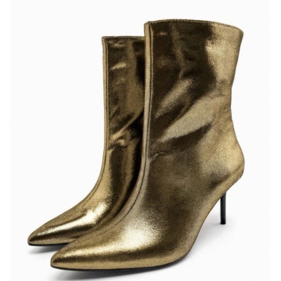 ZARA METALLIC Size 6 Thin Heel Ankle Boots Gold Size 36 3143/010 - Picture 1 of 12